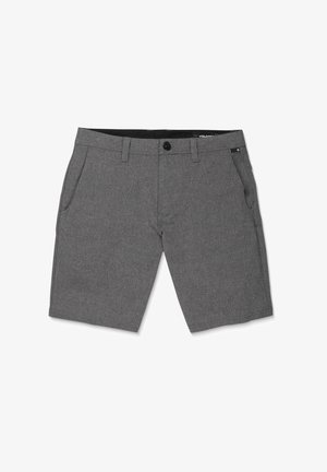 Gray shorts made of textured fabric, featuring a button front closure, two side pockets, and a small logo tag on the waistband.