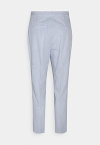 Modré a bílé proužkované kalhoty s přiléhavým střihem, se stahovacími pásky, dvěma zadními kapsami a hladkou texturou.