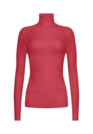 Ribbede strikkede turtleneck top i en ensfarvet koralfarve, med lange ærmer og en tætsiddende silhuet med en glat tekstur.