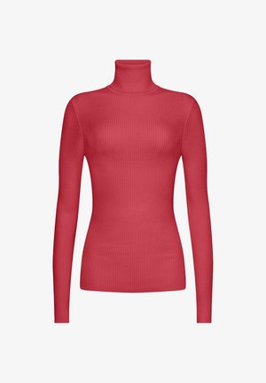Geripptes Turtleneck-Oberteil in einem einfarbigen Korallenrot, mit langen Ärmeln und einer figurbetonten Silhouette aus glattem Material.