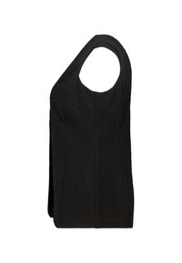 Haut en tissu noir avec un design asymétrique unique, doté d'une bretelle unique sur l'épaule et d'une surface lisse légèrement texturée.