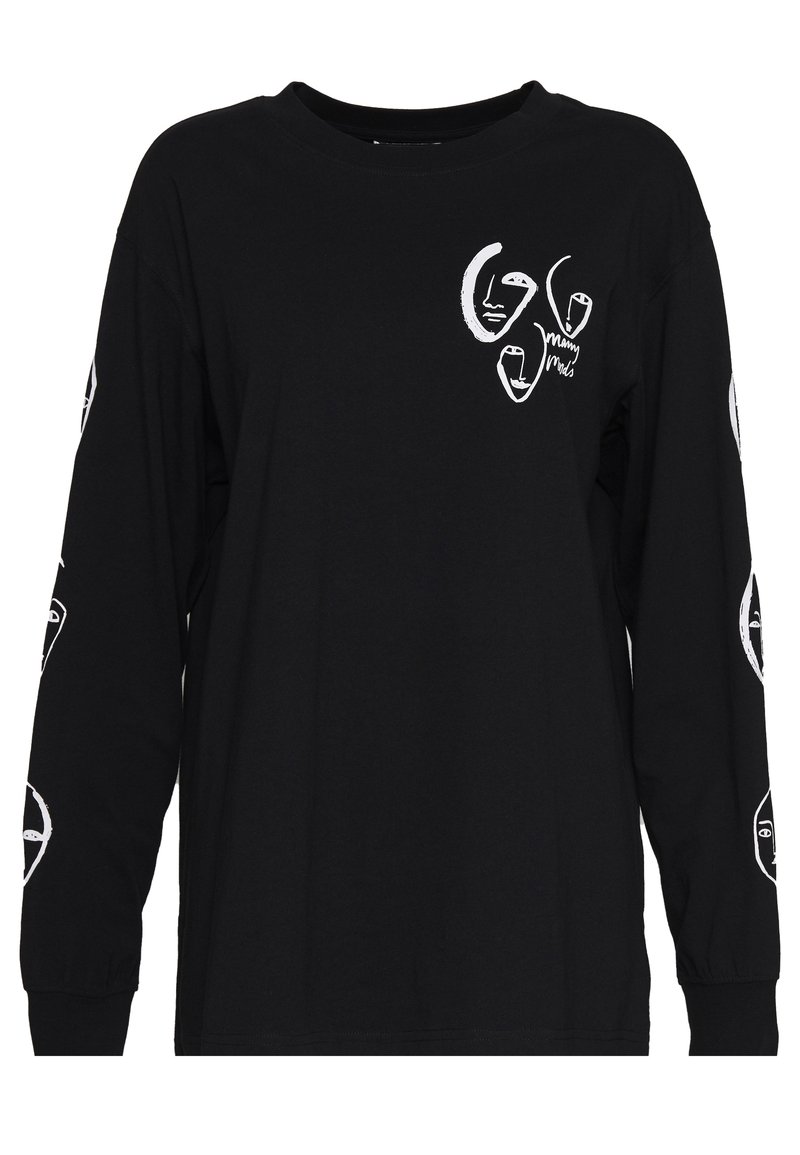 Black long-sleeve t-shirt made from cotton, featuring white abstract face designs on the front and sleeves, and a round neck.