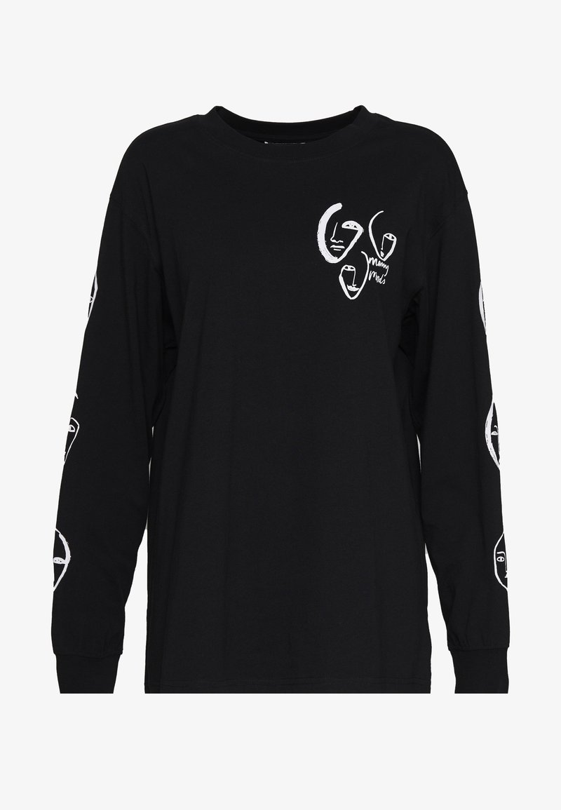 Black long-sleeve t-shirt made from cotton, featuring white abstract face designs on the front and sleeves, and a round neck.