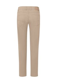 Beige Hose mit geradem Schnitt, aus Baumwollmischung. Verfügt über zwei Gesäßtaschen und ein Lederetikett am Bund. Glatte Textur.
