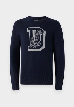 Navy blue knit sweater with a crew neck, featuring a large gray 'D' and anchor pattern on the front, ribbed cuffs and hem.