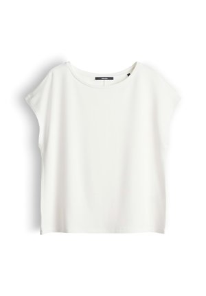 Witte top met korte mouwen en rechte pasvorm, ronde halslijn en kleine zijsplitten, plat liggend op een witte achtergrond.