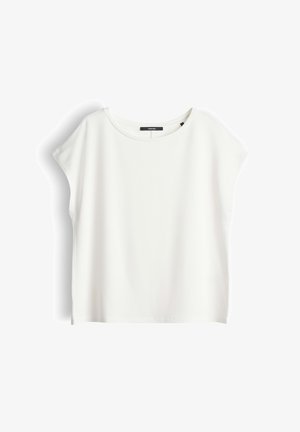 Witte top met korte mouwen en rechte pasvorm, ronde halslijn en kleine zijsplitten, plat liggend op een witte achtergrond.