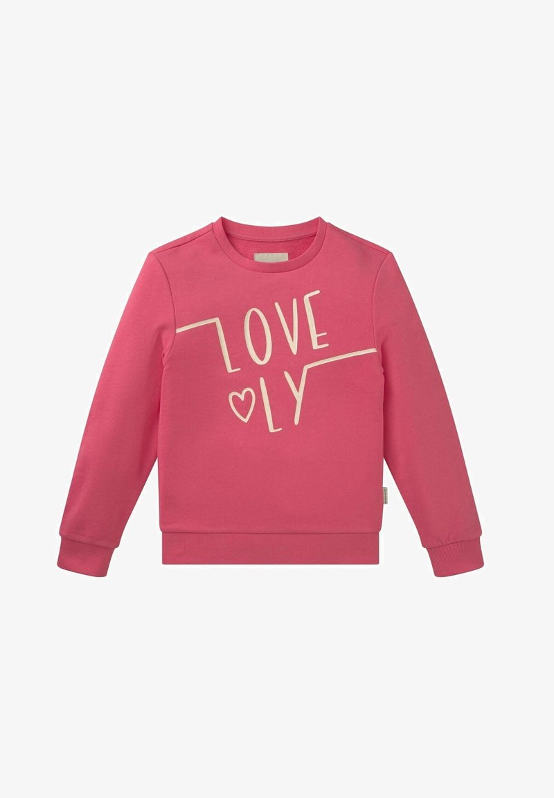 Sweat-shirt rose à manches longues avec texte blanc "LOVELY" et un motif cœur, avec poignets et ourlet côtelés.