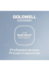 Goldwell Dualsenses Logo mit Text "The Instant Effect" und "Professional care Proven in seconds" auf hellblauem Hintergrund.