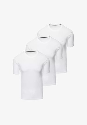 Drei weiße Kurzarm-T-Shirts aus weichem Stoff, mit einem Rundhalsausschnitt und einem kleinen Logo auf der linken Brust.