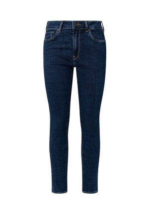 Tmavomodré úzke džínsy vyrobené z denimu s hladkým povrchom. Obsahujú predné zapínanie na gombík a zips, s pútkami na opasok a piatimi vreckami.