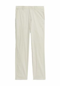 Beige Baumwollhose mit geradem Schnitt, ausgestattet mit zwei Seitentaschen, einem vorderen Knopfverschluss und Gürtelschlaufen. Glatte Textur und minimalistisches Design.