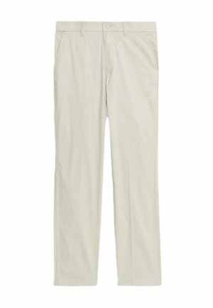 Beige Baumwollhose mit geradem Schnitt, ausgestattet mit zwei Seitentaschen, einem vorderen Knopfverschluss und Gürtelschlaufen. Glatte Textur und minimalistisches Design.