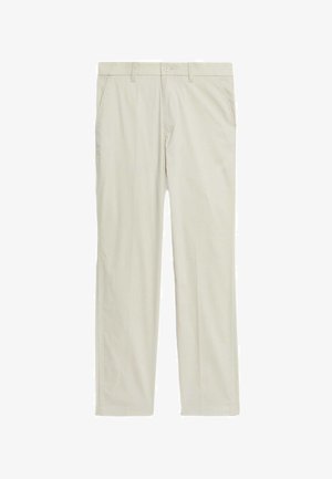 Beige Baumwollhose mit geradem Schnitt, ausgestattet mit zwei Seitentaschen, einem vorderen Knopfverschluss und Gürtelschlaufen. Glatte Textur und minimalistisches Design.