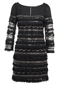 Robe noire à manches longues ornée de franges, de paillettes et de motifs en zigzag argentés. Elle possède un col rond et une fermeture au dos.