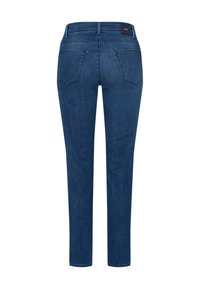 Donkerblauwe denim jeans met een getailleerde pasvorm en rechte pijpen, twee achterzakken en een standaard tailleband.