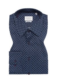 Dunkelblaues Baumwollhemd mit kleinem weißen und roten Blumenmuster, klassischem Kragen, durchgehender Knopfleiste und Brusttasche. Modernes Fit-Design.
