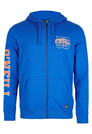 Blauer Zip-up Hoodie mit Fronttaschen, Kapuze mit Kordelzug und "O'NEILL" Logo auf der Brust und am linken Ärmel in Orange und Weiß.