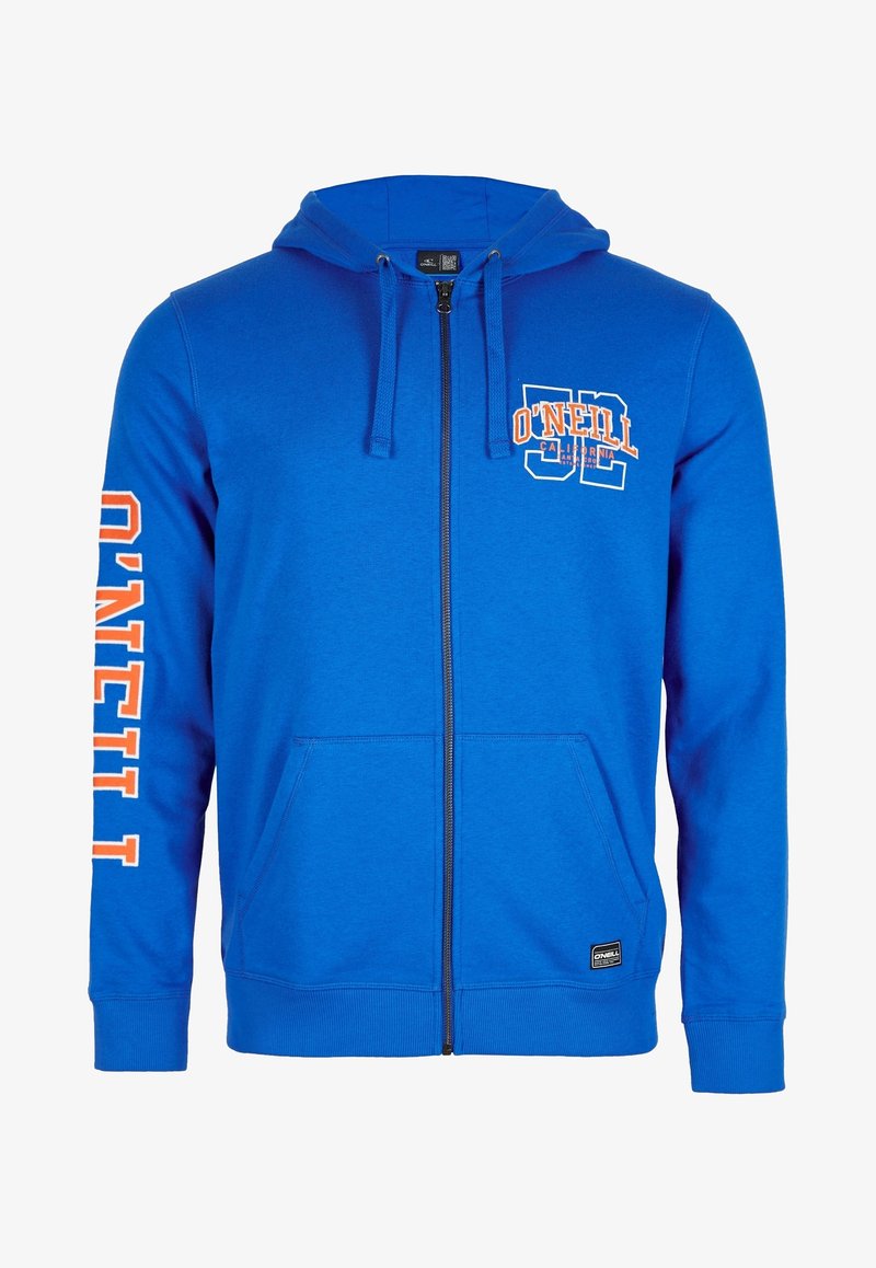 Sweat à capuche bleu zippé avec poches avant, capuche à cordon et logo "O'NEILL" sur la poitrine et la manche gauche en orange et blanc.