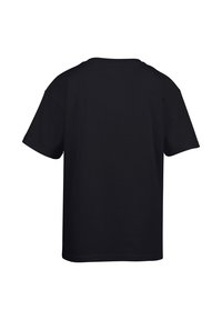 Camiseta de algodón negra de corte relajado, con mangas cortas y cuello redondo; sin gráficos ni patrones visibles en la parte de atrás.