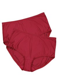 Czerwone majtki w paski o miękkiej fakturze, z koronkowym wykończeniem wzdłuż pasa i otworów na nogi, zaprojektowane w stylu hipster.