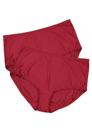 Culottes rayées rouges avec une texture douce, présentant une bordure en dentelle le long de la taille et des ouvertures de jambes, conçues dans un style hipster.