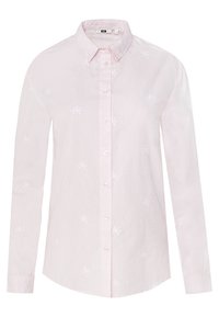 Ljusrosa långärmad skjorta med knappstängning fram, med vita broderade palmer och klassisk krage. Mjuk tygtextur.