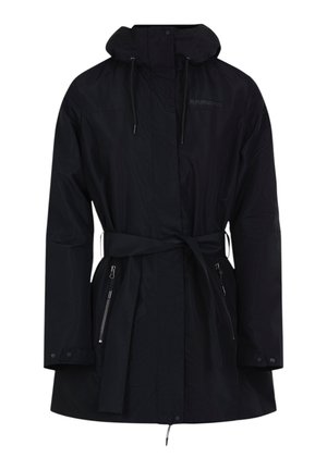 Zwarte lange jas met capuchon, verstelbare tailleband, ritssluitingen aan de zijkanten en manchetten met knopen.