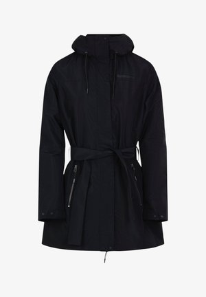 Zwarte lange jas met capuchon, verstelbare tailleband, ritssluitingen aan de zijkanten en manchetten met knopen.