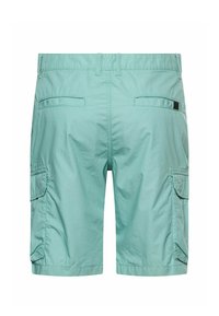 Lysegrønne cargo-shorts til mænd med bæltestropper, baglommer med kant og sidelommer med klap, vist bagfra på en hvid baggrund.