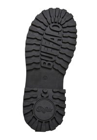Semelle de chaussure en caoutchouc noir avec des crampons profonds portant les inscriptions "BUFFALO" et la taille "38", texturée pour la traction et la durabilité.