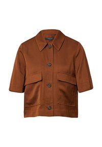Veste marron à manches courtes en tissu lisse. Dotée d'un col classique, de quatre poches frontales et de boutons noirs pour la fermeture.