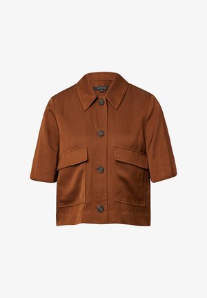 Braune, kurzärmlige Jacke aus glattem Stoff. Verfügt über einen klassischen Kragen, vier Vordertaschen und schwarze Knöpfe zum Schließen.