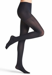 Schwarze Strumpfhosen mit einem glatten oberen Teil und vertikal geripptem Muster an den Beinen, die von oben bis zu den Zehen eine transparente Optik aufweisen.