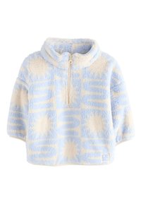 Fuzzy pullover in light blue and cream, featuring a half-zip collar and sunburst pattern, made of soft, textured fabric.