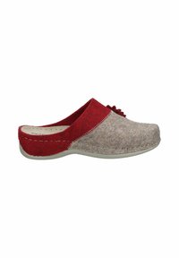 Wool slip-on clog featuring a light brown body with a red accent on the heel and a decorative pom-pom detail. Textured surface and rounded shape.