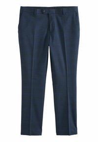 Navy check-pattern trousers with a smooth texture, featuring a button closure, slanted pockets, and tapered legs.