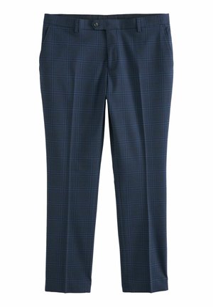 Navy check-pattern trousers with a smooth texture, featuring a button closure, slanted pockets, and tapered legs.