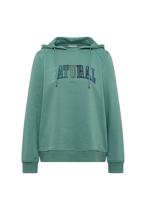 Grön hoodies med flerfärgad "NATURAL" text broderad över bröstet och dragskor i huvan.