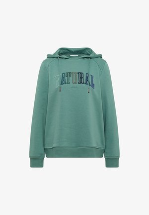 Zielona bluza z kapturem z wielokolorowym haftem słowa "NATURAL" na klatce piersiowej oraz sznurkami przy kapturze.