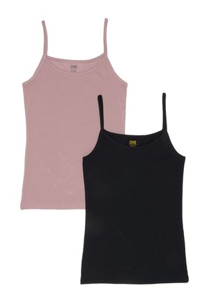 Zwei Damen-Spaghettiträger-Tanktops der Marke OVS, eines in hellem Mauve und eines in Schwarz, überlappend auf weißem Hintergrund dargestellt.
