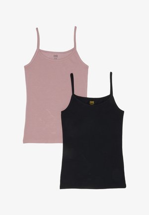 Deux débardeurs à fines bretelles pour femmes de la marque OVS, l'un mauve clair et l'autre noir, présentés en chevauchement sur un fond blanc.