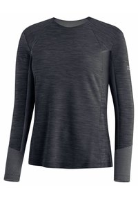 Sportovní tričko s dlouhým rukávem v tmavě šedé barvě, s texturovanou tkaninou, raglánovými rukávy a síťovanými detaily na manžetách pro lepší prodyšnost.
