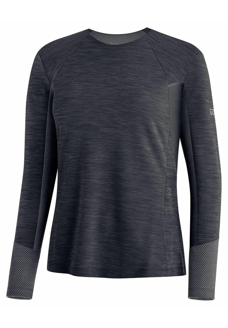 Sportovní tričko s dlouhým rukávem v tmavě šedé barvě, s texturovanou tkaninou, raglánovými rukávy a síťovanými detaily na manžetách pro lepší prodyšnost.