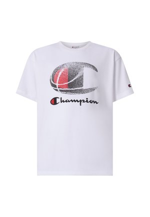 T-shirt bianca a maniche corte con grande logo Champion nero e rosso e lettera C stilizzata sul davanti e piccolo logo sulla manica sinistra.