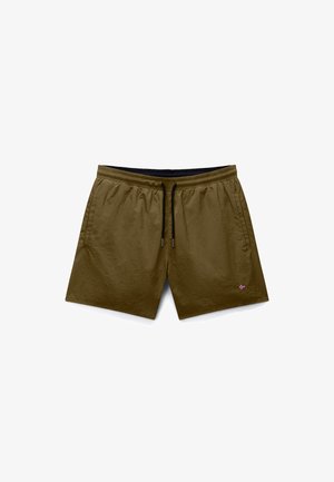 Olijfgroene zwembroek voor heren met elastische tailleband, zwart trekkoord, zijzakken en klein Noors vlaglogo op het linkerbeen.