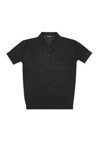 Polo shirt nero a maniche corte in maglia ribbed con tre bottoni e colletto standard, steso su uno sfondo bianco.