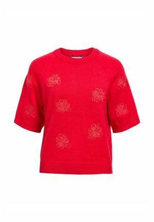 Rode trui met korte mouwen en een ronde halslijn, voorzien van geborduurde bloemenpatronen in een lichtere tint over de voorkant. Zachte textuur.