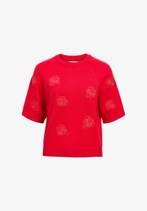 Pull rouge à manches courtes avec un col rond, orné de motifs floraux brodés dans une teinte plus claire sur le devant. Texture douce.