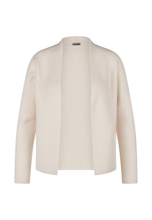 Cremfarbener Cardigan mit gerippter Textur, offenem Design, langen Ärmeln und einer lockeren Passform.